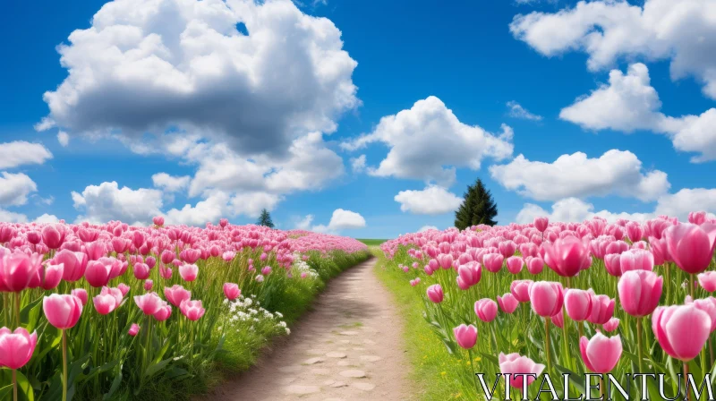 Pink Tulips Field under Cloudy Sky Wallpaper AI Image