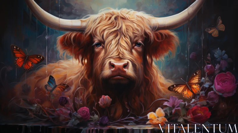 Realistic Fantasy Artwork of Bull and Flowers in Scottish Landscapes AI Image