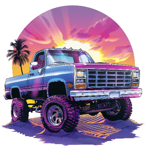 Retro Truck Vector Illustration with Sunset and Palm Tree