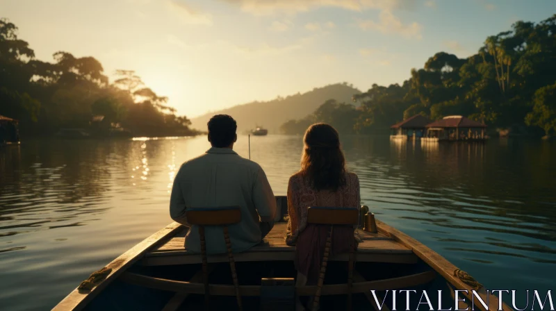 Romantic Drama: A Couple in a Wooden Boat | Golden Light | Cinematic Stills AI Image
