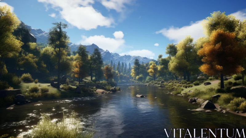Romantic River Landscapes: Serene Wilderness with Trees and Rocks AI Image