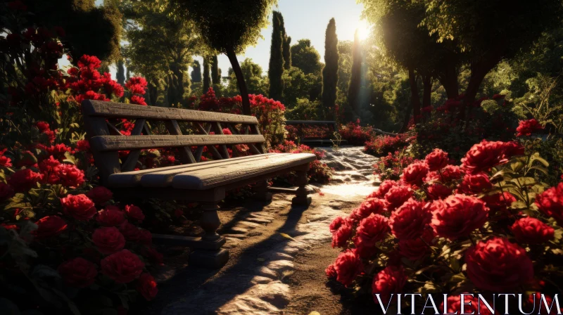 AI ART Sunlit Bench Amidst Red Roses in Mediterranean Landscape