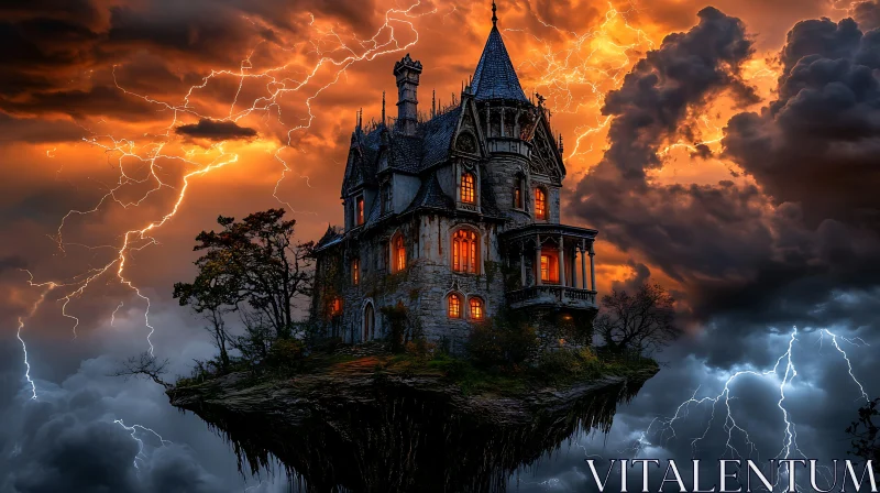 Floating Gothic House with Stormy Sky AI Image