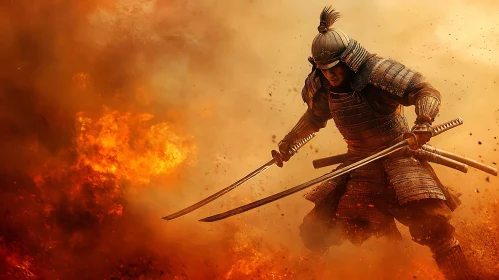 Armored Samurai with Swords in Inferno