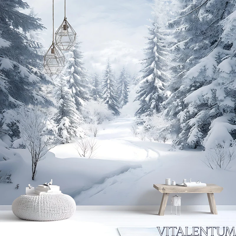 Serene Winter Landscape with Tall Pine Trees AI Image