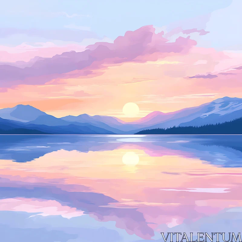 Pastel Sunset Over Mountain Lake AI Image