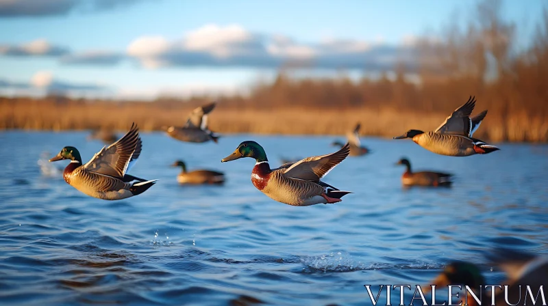 Mallards Take Flight Over Calm Lake AI Image