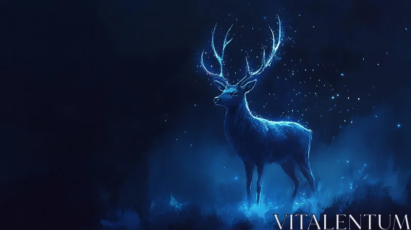 Glowing Deer in Dark Blue Night AI Image