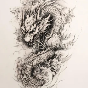 Dragon Among Flowers: A Monochrome Drawing