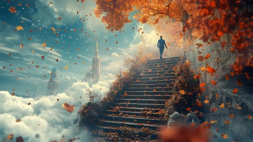 Ascending Autumn Stairs to Distant Castle