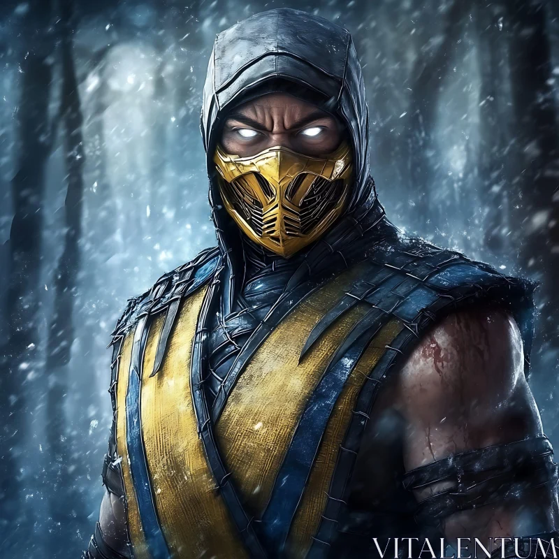 Golden Masked Fighter in Snowy Landscape AI Image