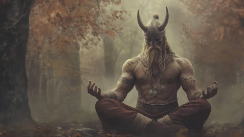 Meditative Viking Warrior in Autumn Forest