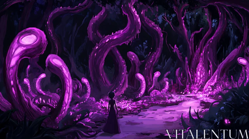 Woman in a Strange Purple Forest AI Image