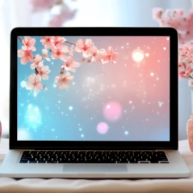 Serene Cherry Blossoms Digital Art on Laptop Display