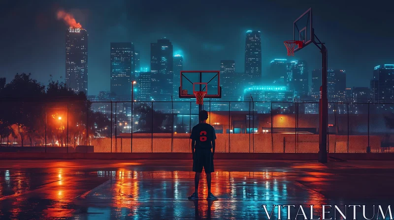 Cityscape Basketball Court at Night AI Image