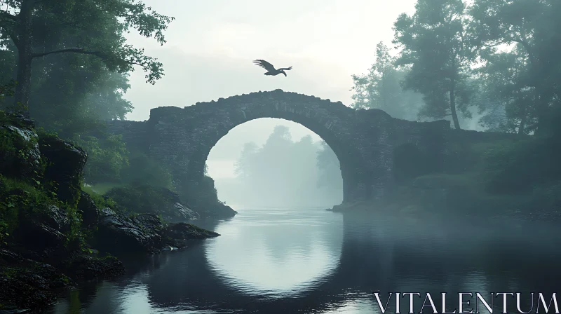 Stone Bridge Over River in Fog AI Image