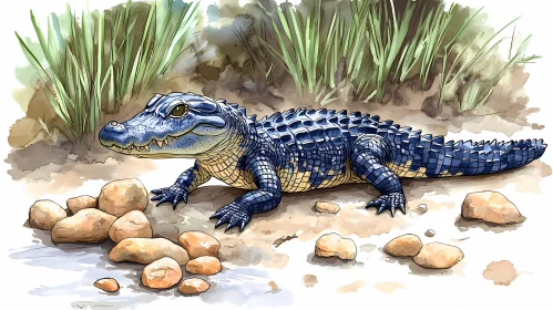 Illustrated Alligator in Natural Habitat
