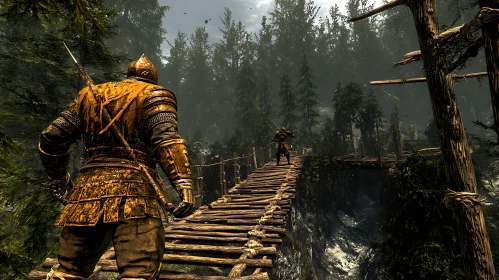 Golden Armor Warrior in Forest Battle