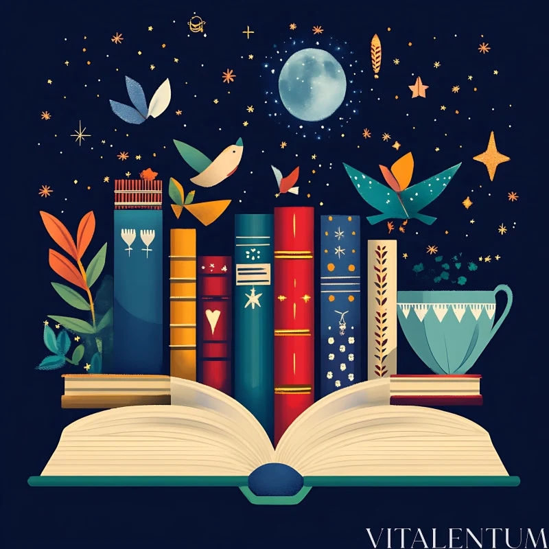 AI ART Whimsical Bookscape Under Moonlit Sky