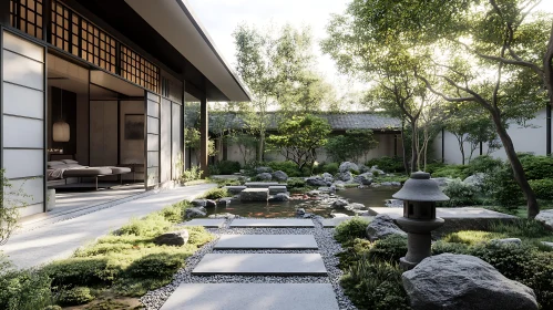 Harmonious Japanese Garden with Koi Pond and Stone Pathway