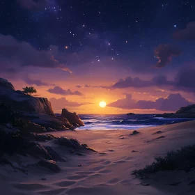 Ocean Sunset Under Starry Sky