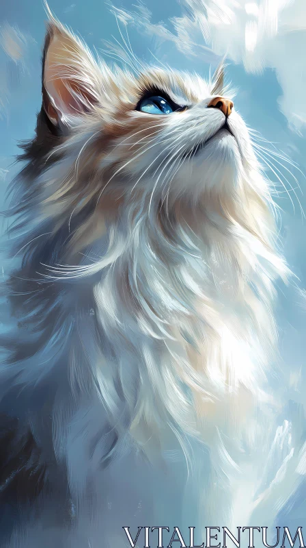 Gazing Fluffy Cat in Pastel Sky AI Image