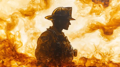 Heroic Firefighter in Silhouette Against Flames