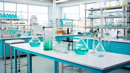 Blue Chemistry Lab with Glass Flasks - Vibrant and Airy Scene