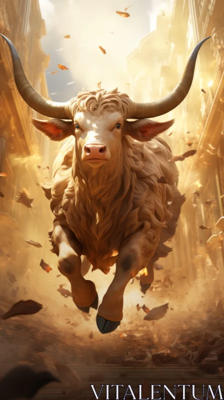 Bull's Frenzy: Primal Energy in a City of Ruins AI Image