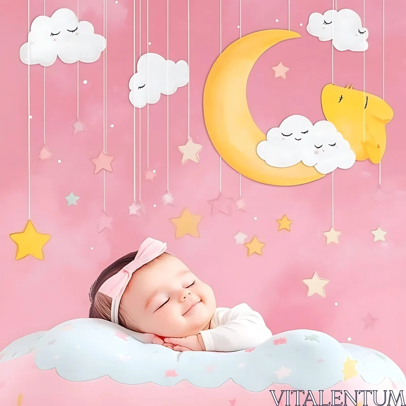 Baby sleeping among stars and clouds AI Image