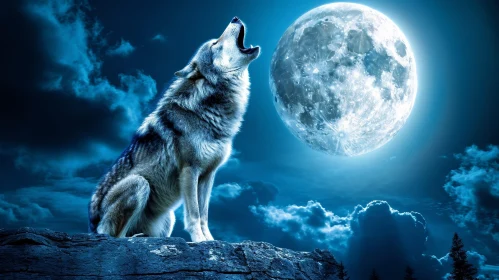 Captivating Night Scene: Wolf Howling at the Moon