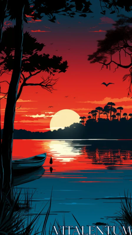 Captivating Sunset Over a Tranquil Lake | Romantic Illustration AI Image