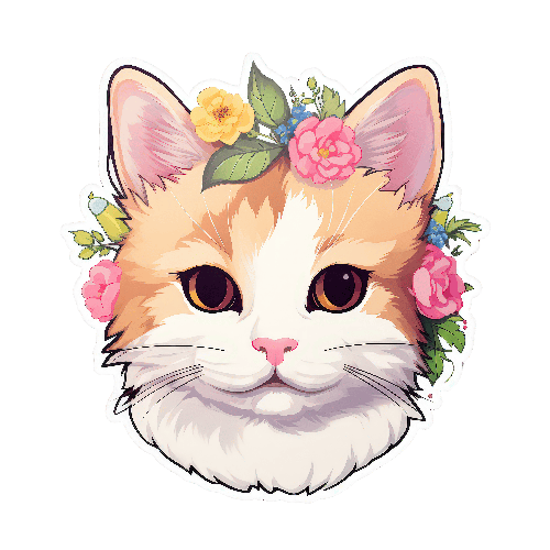 POD Design Charming Cartoon Cat with Floral Crown on Transparent Background