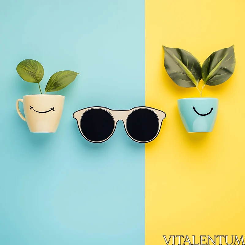 Minimalist Plant Pot and Sunglasses Art AI Image