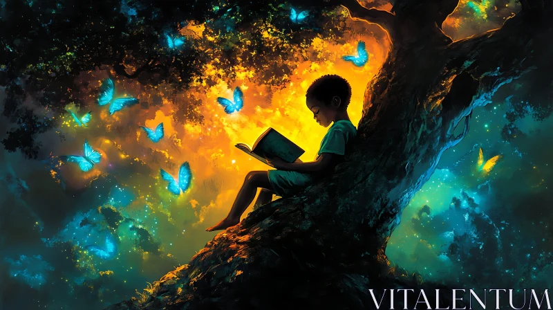 AI ART Boy Reading Book Surrounded by Butterflies
