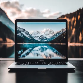 Reflective Laptop with Mountain View