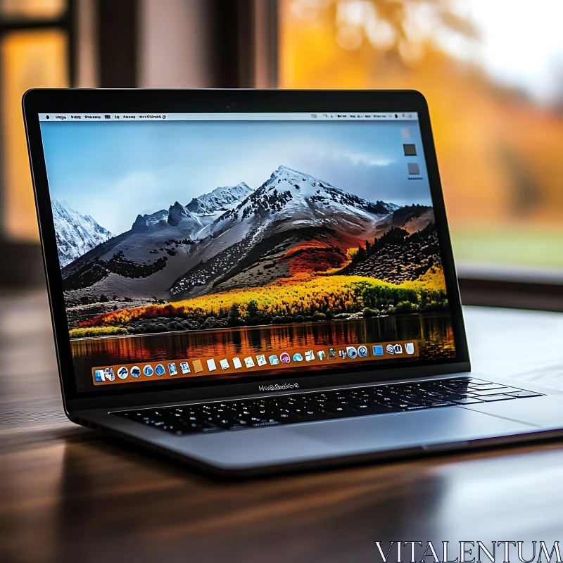 Laptop with Autumn Mountain Landscape on Screen AI Image