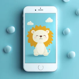 Adorable Lion Illustration on Smartphone Display