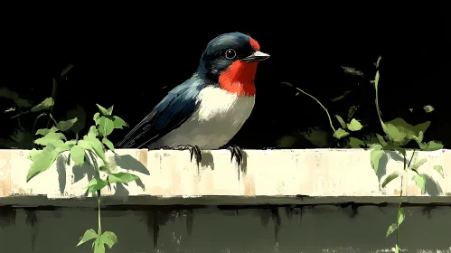 Red-Throated Bird on a Garden Wall