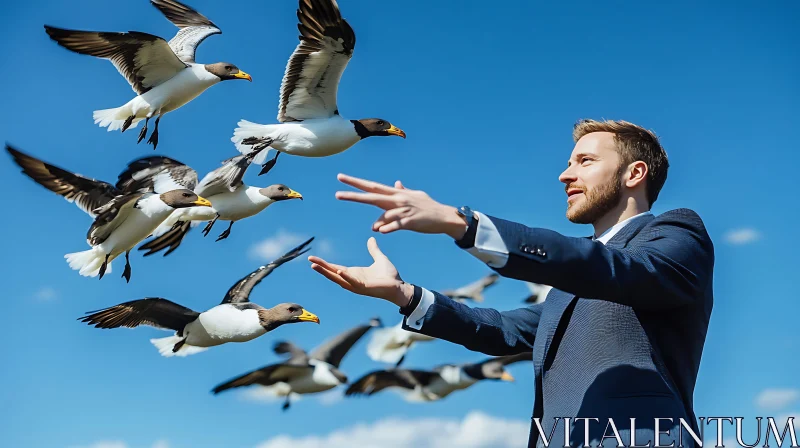 Birds Flock to Man AI Image