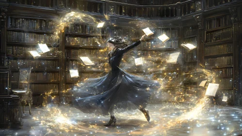 Whimsical Dance in a Magical Library