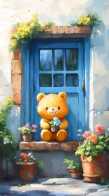 Teddy Bear with Flowers by a Blue Door