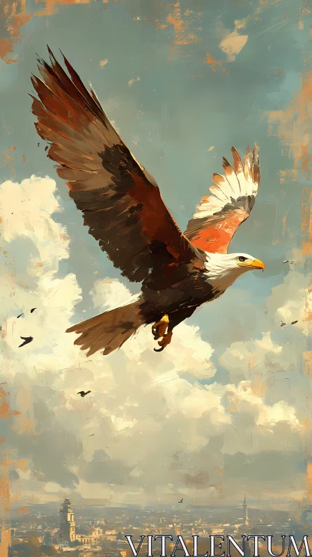 Eagle Soaring Above Urban Landscape AI Image