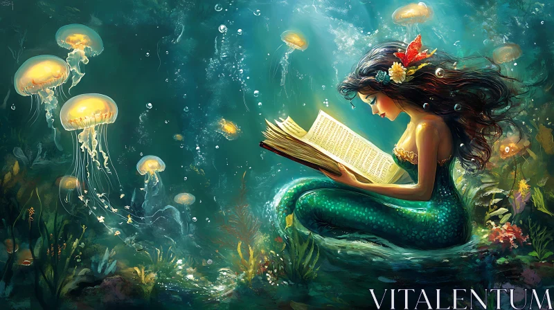 Underwater Mermaid Reading a Book AI Image