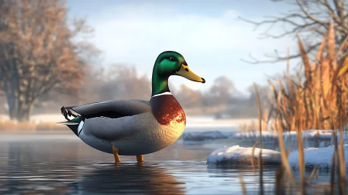 Mallard Duck in Snowy Landscape