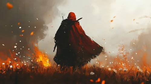 Hooded Figure in Fiery Landscape