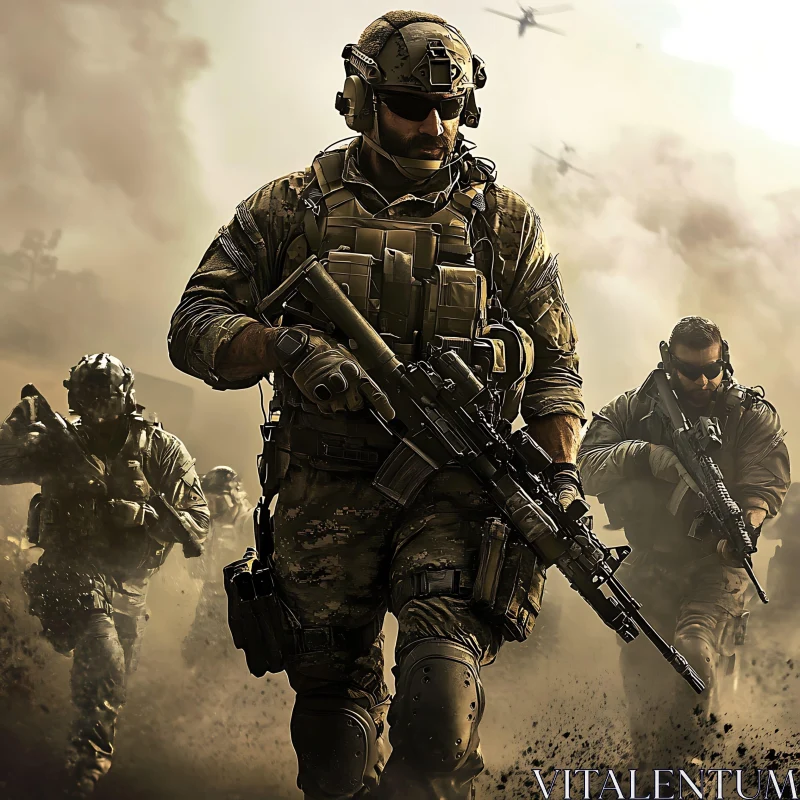 AI ART Armed Soldiers Walking Through Dust