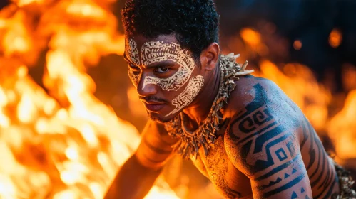 Tribal Man Portrait with Fiery Backdrop