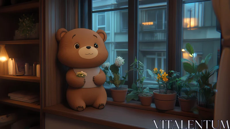 Evening Scene with Teddy and Plants AI Image