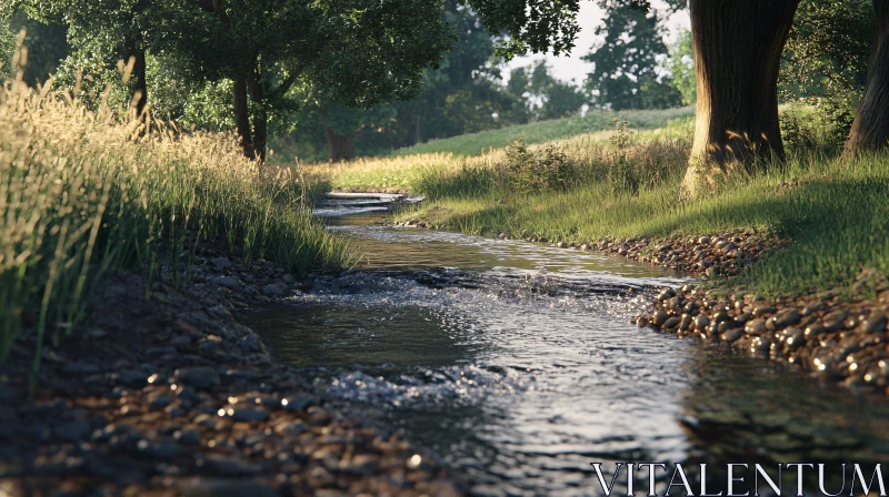 Tranquil Stream in a Sunlit Forest AI Image